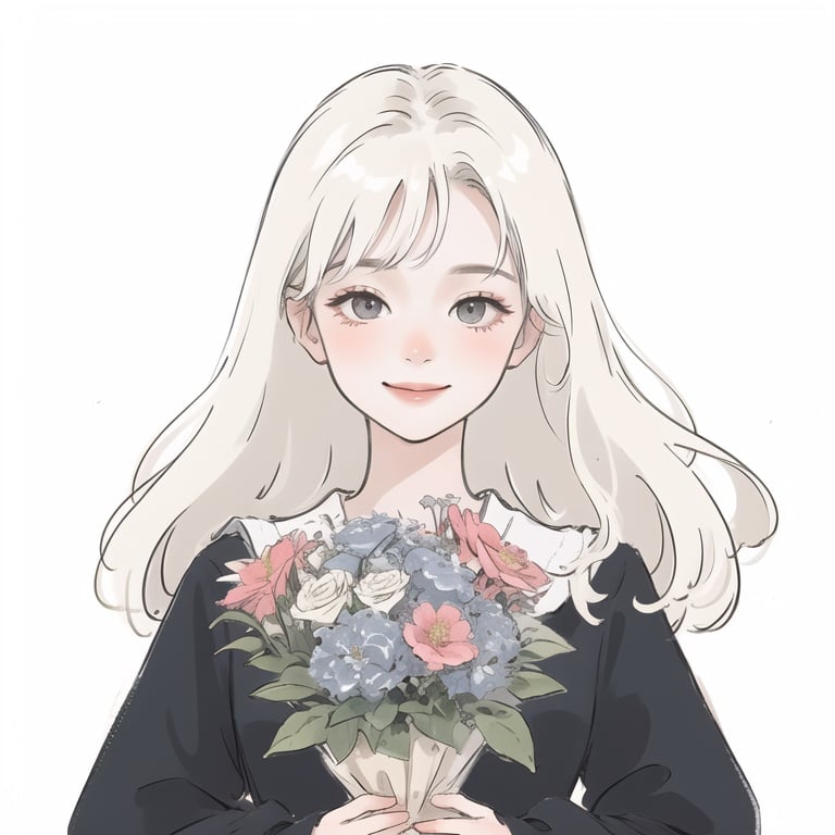 (masterpiece, best quality:1.2), ultra-detailed,(ultra detailed)，white_background，1girl,  white hair,portrait，best light and shadow,Holding a bunch of flowers, smile,<lora:qianbi:0.8>