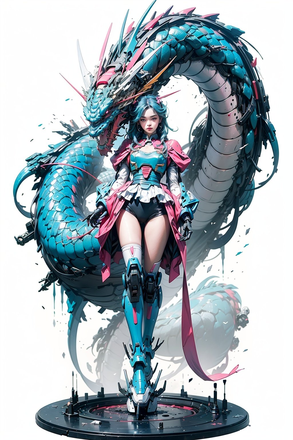 Ultra clear,(1girl:1.3),(Red/Blue/Pink/White/Black/Cyan/Purple Mech:1.1),(gundam:1.1),highly realistic,glassy translucence,full_body,Chinese Dragon,