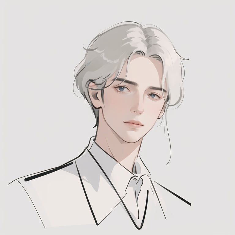 Minimalism, minimalist line drawing,portrait，white_background,masterpiece, best quality:1.2,1male,((handsome man:1.5)),messy white hair,portrait，cold attitude,best light and shadow, day, depth of field,<lora:JIANYUE:0.8>