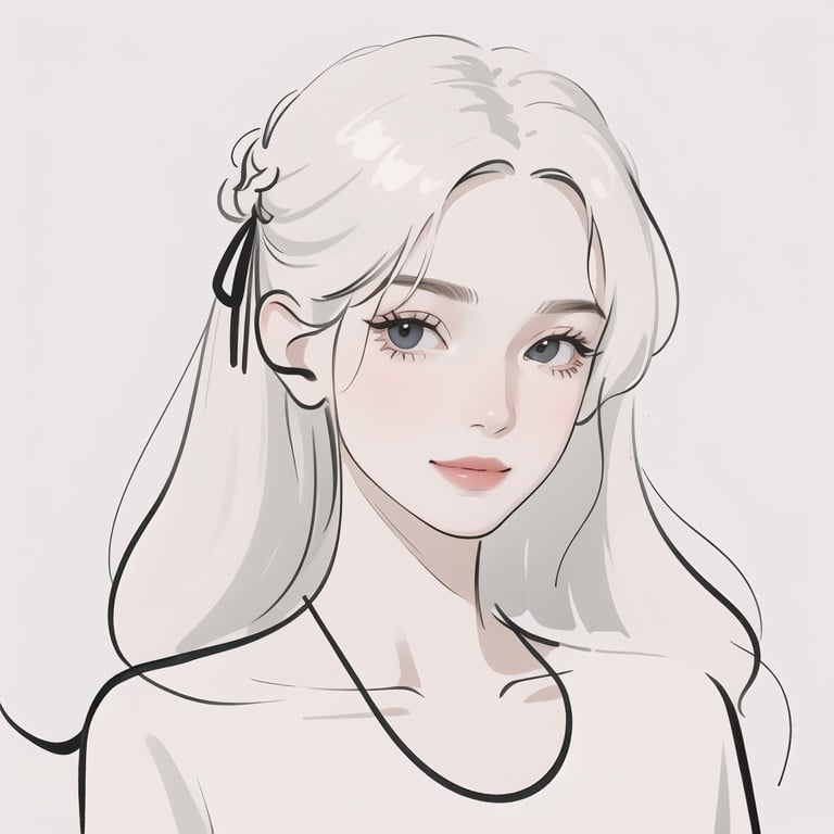 Minimalism, minimalist line drawing,portrait，white_background，masterpiece, best quality:1.2,1woman,  messy white hair, white dress,black eyes，best light and shadow,smile,Beautiful face,，beautiful studio soft light, rim light,<lora:JIANYUE:0.8>