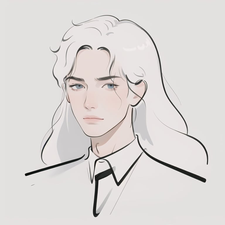 Minimalism, minimalist line drawing,portrait，white_background,masterpiece, best quality:1.2,1male,((handsome man:1.5)),messy white hair,portrait，cold attitude,best light and shadow, day, depth of field, <lora:JIANYUE:1>