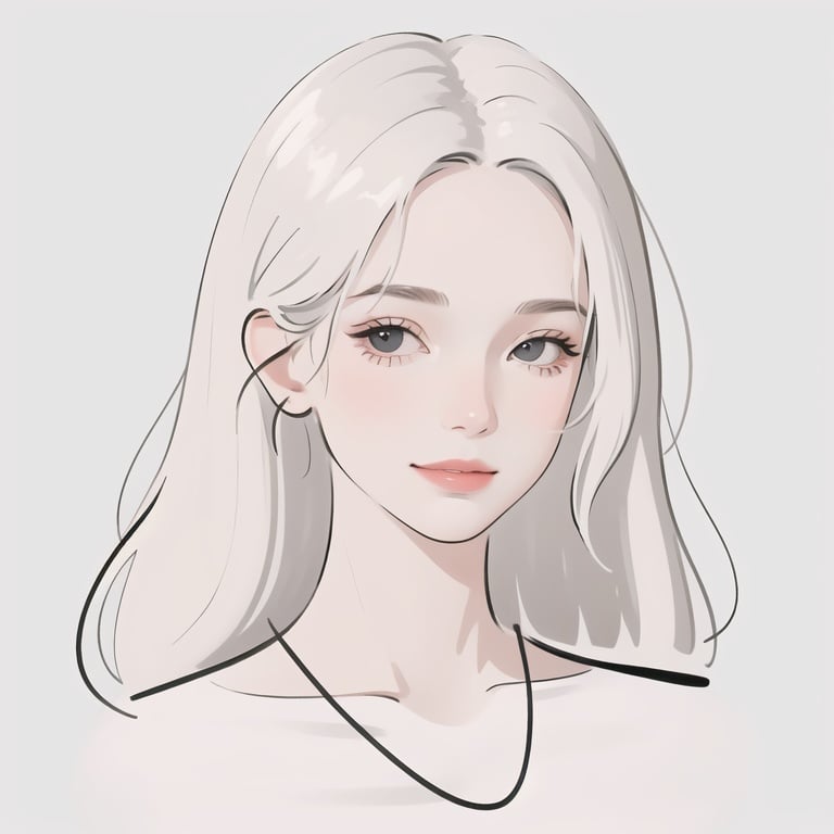 Minimalism, minimalist line drawing,portrait，white_background，masterpiece, best quality:1.2,1woman,  messy white hair, white dress,black eyes，best light and shadow,smile,Beautiful face,，beautiful studio soft light, rim light,<lora:JIANYUE:0.8>