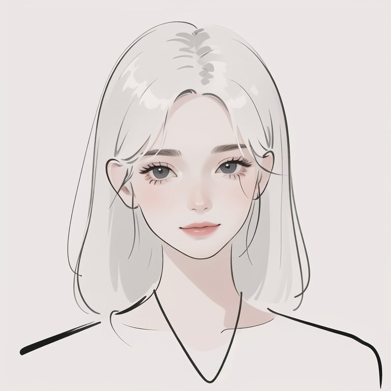 Minimalism, minimalist line drawing,portrait，white_background，masterpiece, best quality:1.2,1woman,  messy white hair, white dress,black eyes，best light and shadow,smile,Beautiful face,，beautiful studio soft light, rim light,<lora:JIANYUE:0.8>