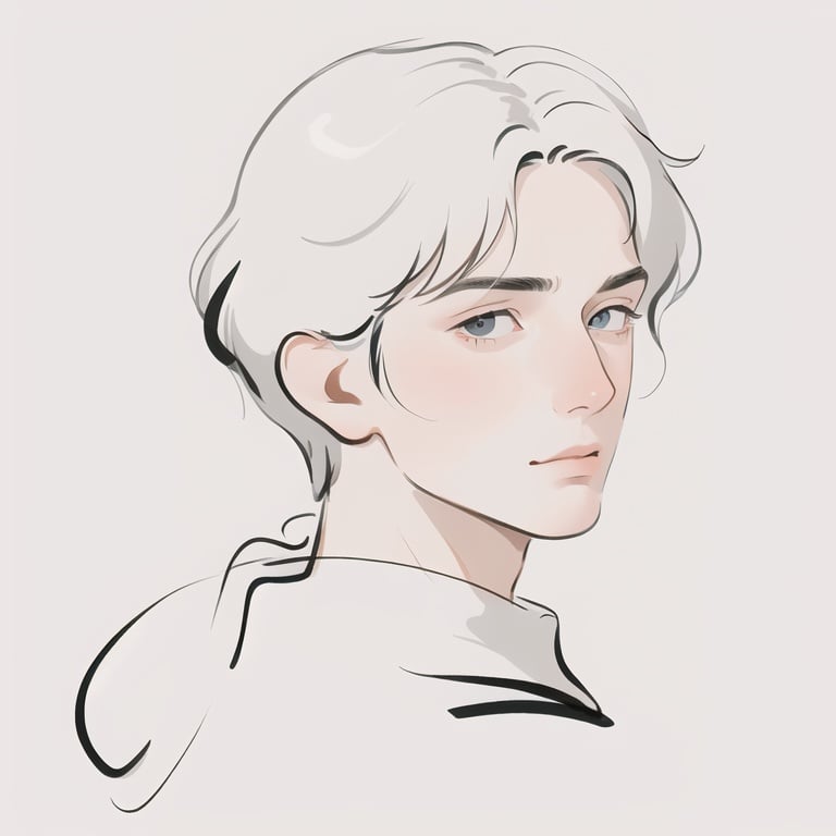 Minimalism, minimalist line drawing,white background,from behind，portrait，masterpiece, best quality:1.2, minimalist-lines,white background,1male,((handsome man:1.5)),messy white hair,portrait，best light and shadow, day, depth of field,cold attitude, <lora:JIANYUE:0.8>