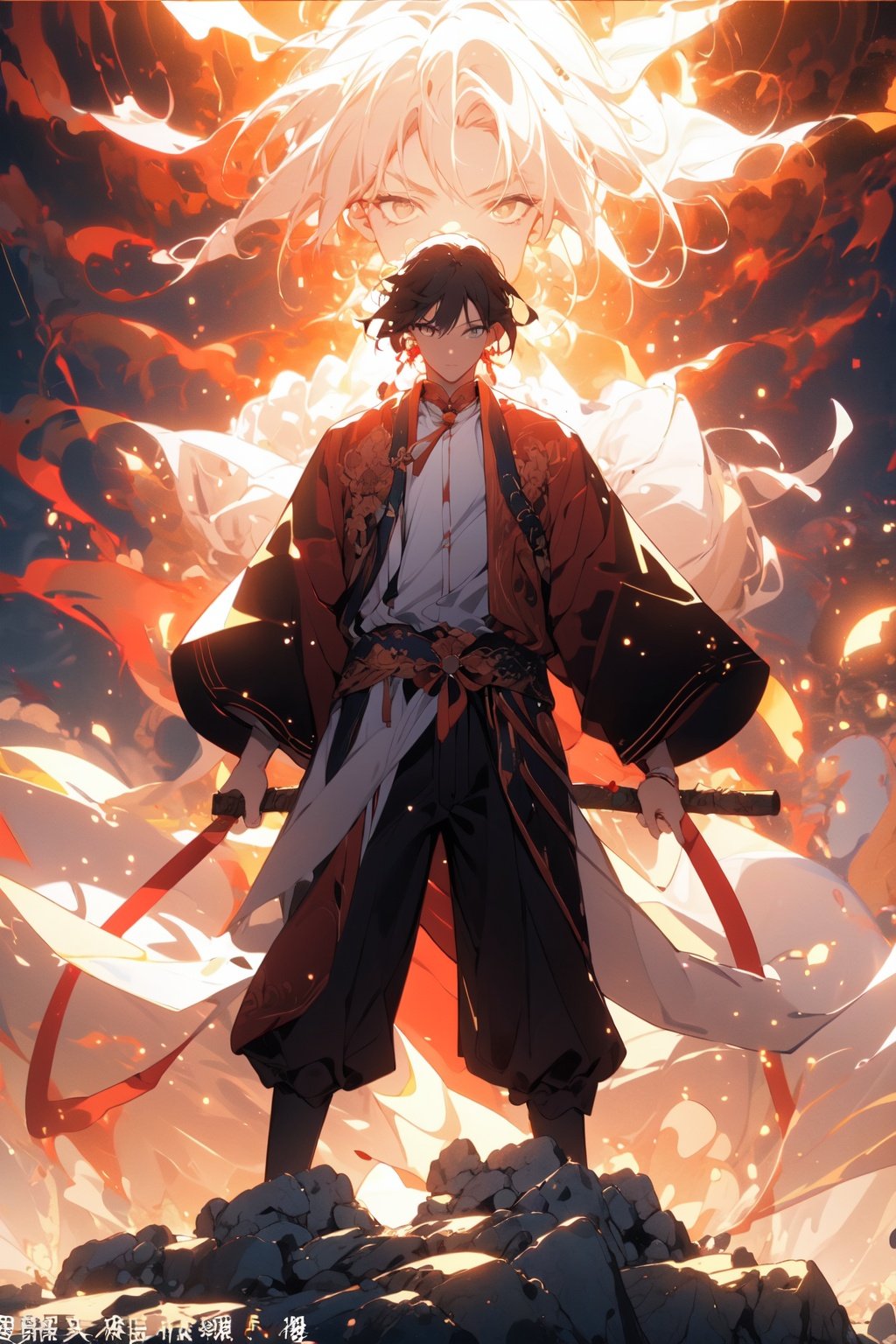 , (masterpiece:1.2), best quality,PIXIV,  taoist,a character standing in front of red glowing real people,transparent,fire,<lora:taoist_20230623200708-000018:1>