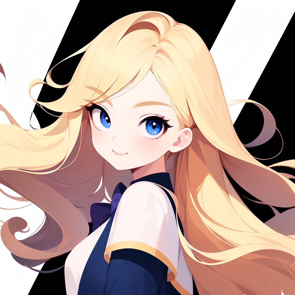 masterpiece ,professinal , trending on artstation , minimalist style , Large areas of white space,white background , simple background , a cute girl  detailed face ,detailed eyes ,violet eyes ,close up , arms behind , look at viewer , smiling , cute , super cute , dynamic pose , confident , noble, Bow blouse ，A blouse with a decorative bow at the neckline or sleeves,blond curls hair ,mess long floating hair ,<lora:flatcolorstyle:0.8>