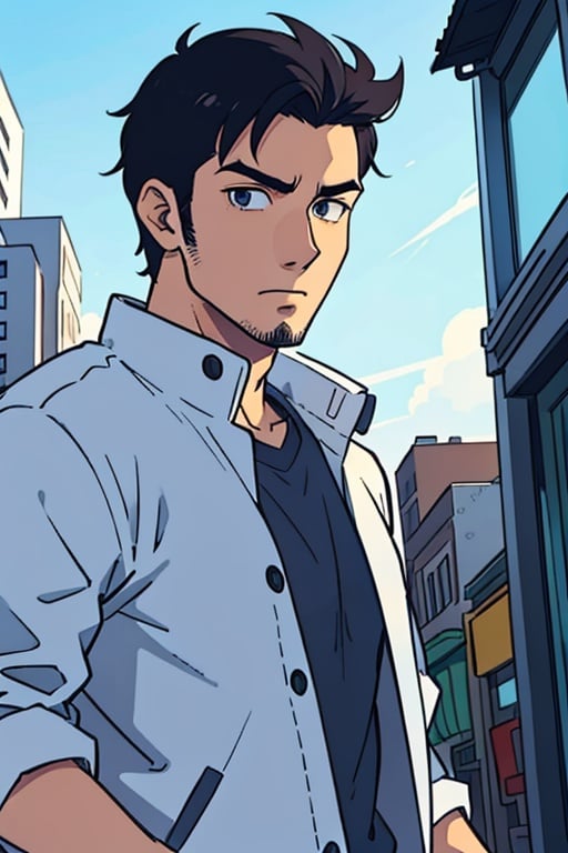 (best-quality:0.8), (best-quality:0.8), perfect anime illustration, extreme closeup portrait of a handsome man walking through the city