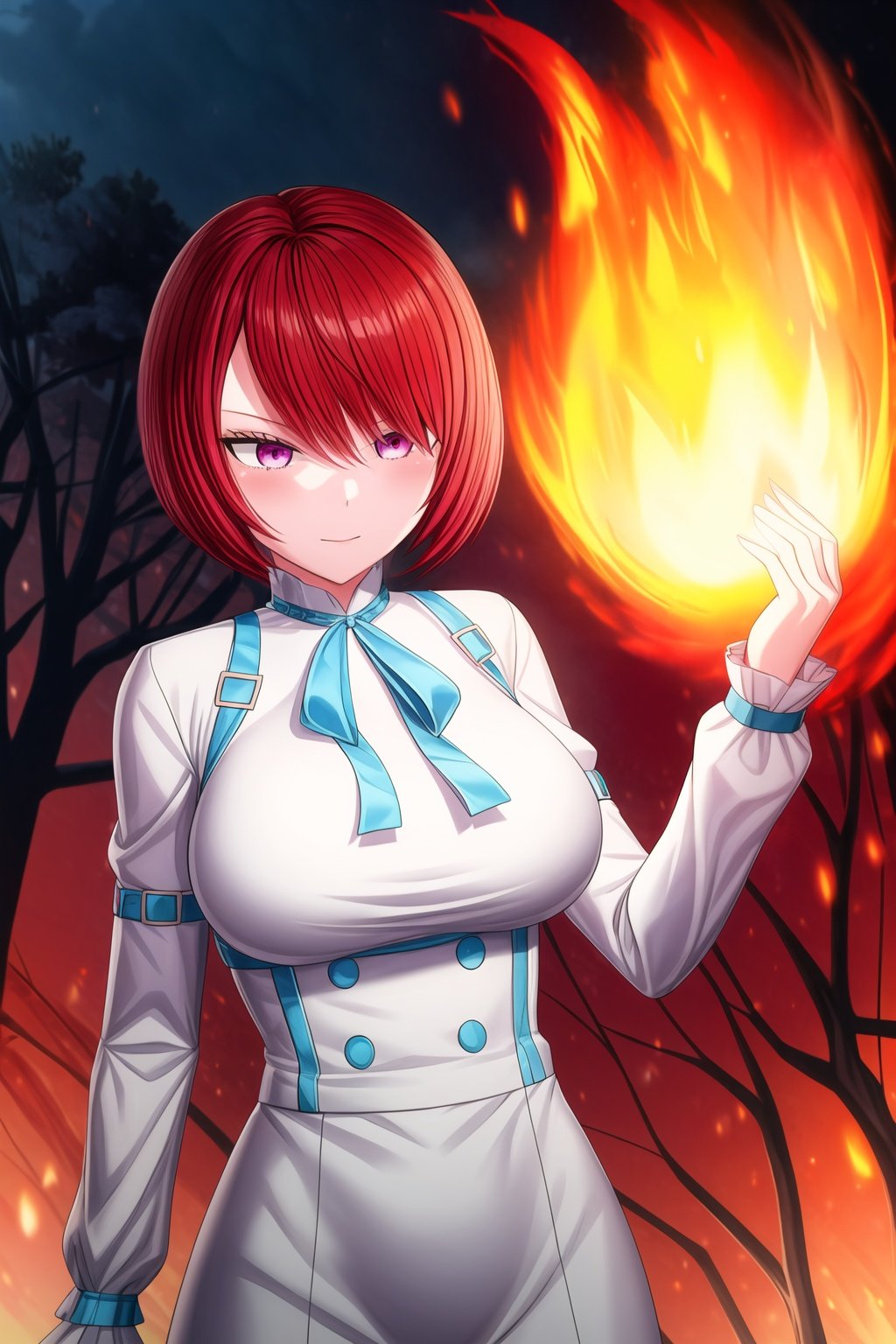 1girl, masterpice, high quality, best quality, high detailed, highres, (solo), (perfect face and eyes), short hair, red hair, neck ribbon, purple eyes, white dress, large breasts, caph,<lora:caph-09:0.7>,night, trees, (fire in hand:1.2), fire, <lora:more_details:1> 