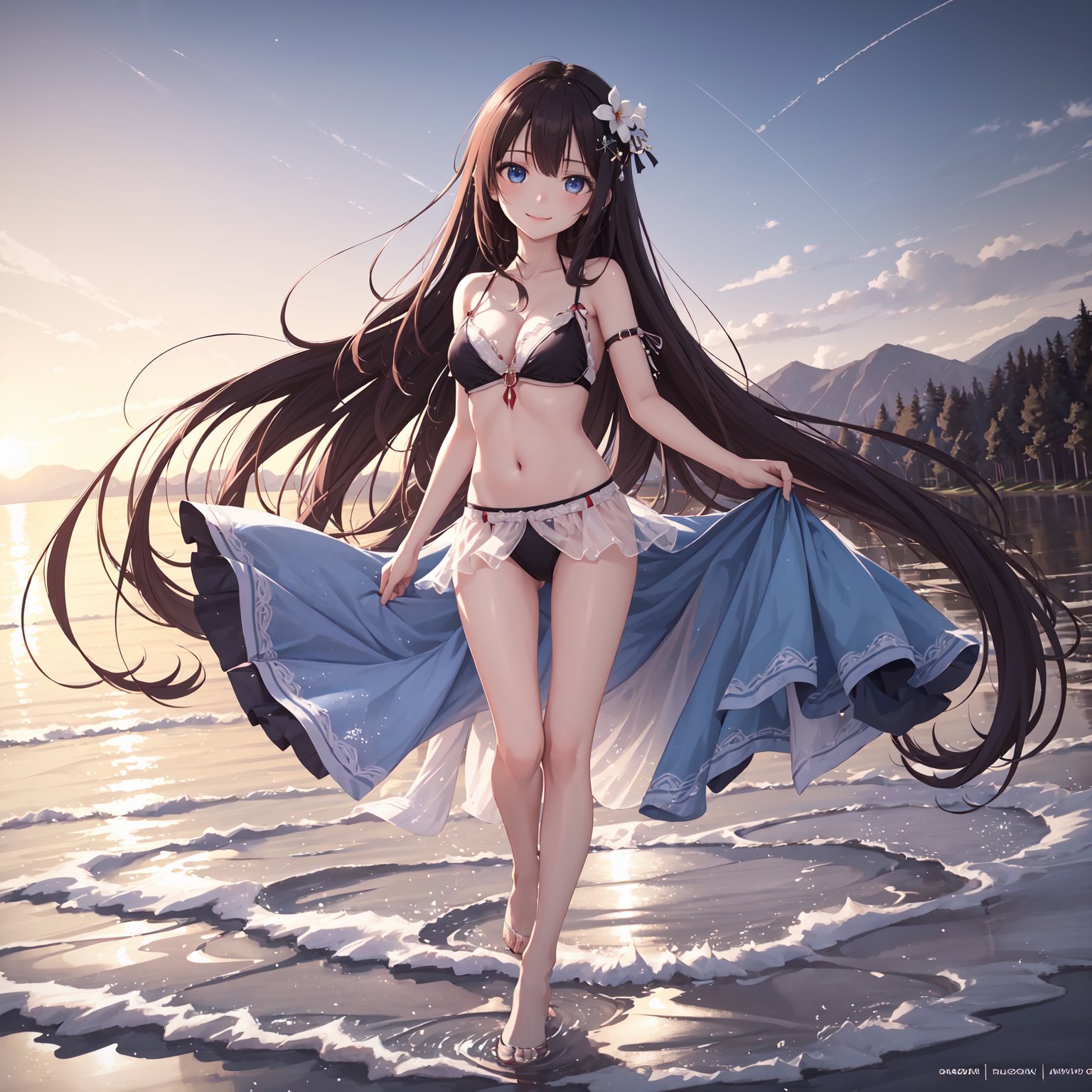 ((Movie-quality graphics))1 (loli:1.3) girl swimming in the water, she is wearing a white [(see-through|spaghetti strap bikini|nude)] long hair, blue hair, eyes,(full body:1.3), delicate face.((Super detailed)), (highest quality), (photos:1.1), (exquisite 3D modeling),(( super detailed wallpapers,)) ((animated illustrations)), ((masterpieces)), ((masterpieces)),((Shy expression, smile, slightly red face)),1 girl,3D modeling,photos,real world