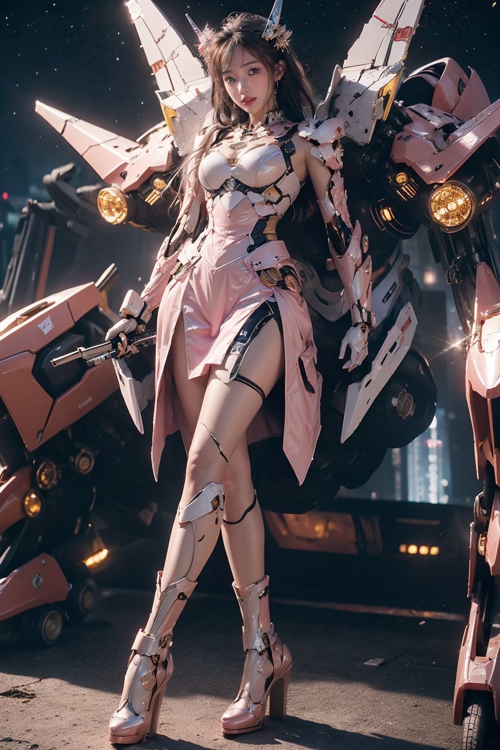 a girl，masterpiece，best quality，,Pink Mecha,Honey Mecha，cyberpunk，Night, starry sky background,Honey Mecha，full body