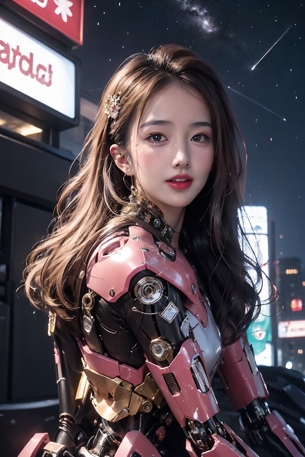 a girl，masterpiece，best quality，,Pink Mecha,Honey Mecha，cyberpunk，Night, starry sky background