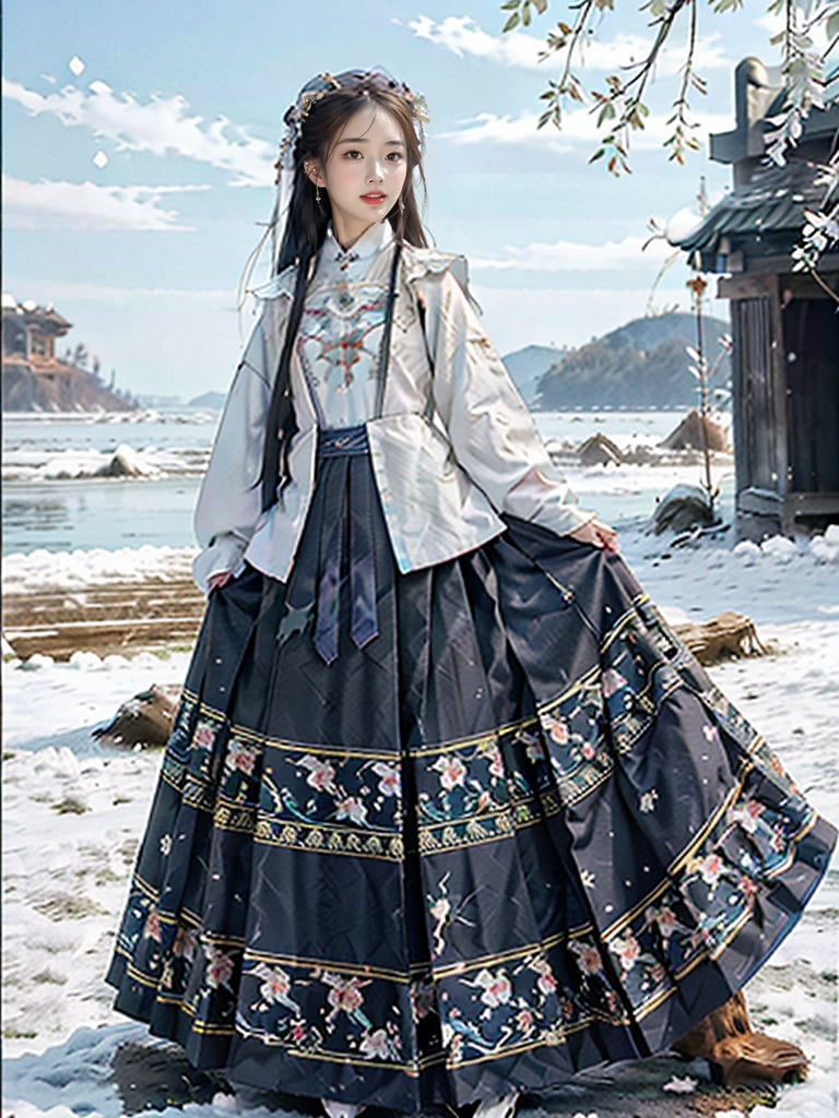 a girl,solo,masterpiece, best quality，long hair，(full body:1.31) ultra high res, cowboy shot, (photorealistic:1.4), raw photo, snowing, Frozen lakes, (detailed face, detailed eyes), red eyeshadow, little smile, beautiful legs, 1girl, solo, ,(hanfu, tang style outfits, blue long upper shan, white chest pleated skirt, pibo) <lora:hanfuMing_v31:0.6> <lora:gufenggirl-08:0.5>