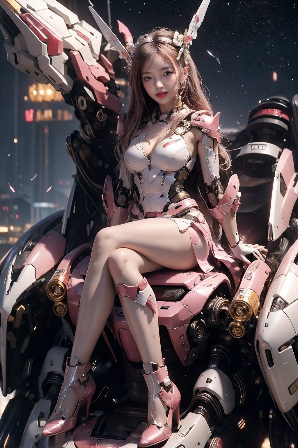 a girl，masterpiece，best quality，,Pink Mecha,Honey Mecha，cyberpunk，Night, starry sky background,Honey Mecha，full body