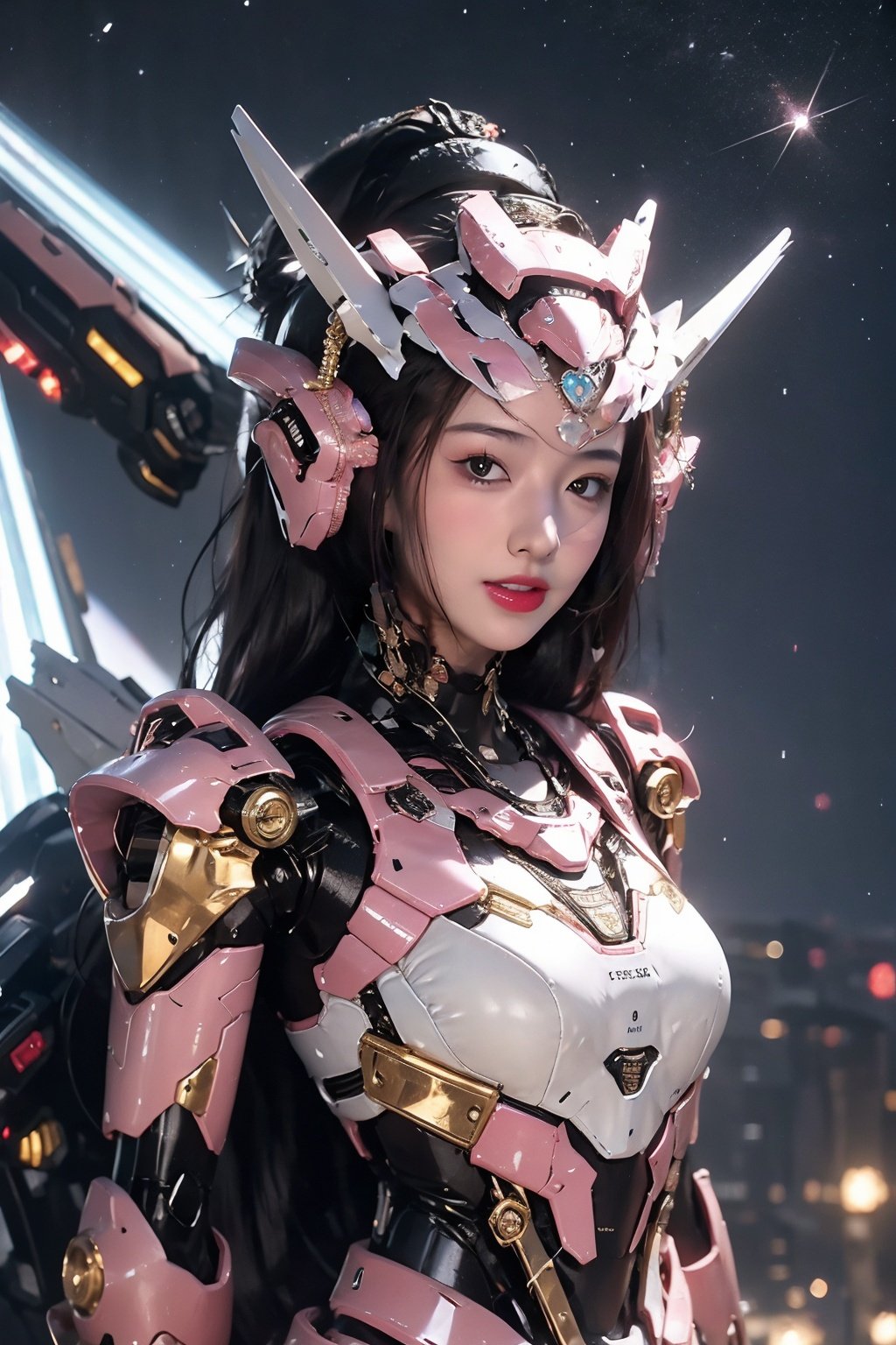 a girl，masterpiece，best quality，,Pink Mecha,Honey Mecha，cyberpunk，Night, starry sky background