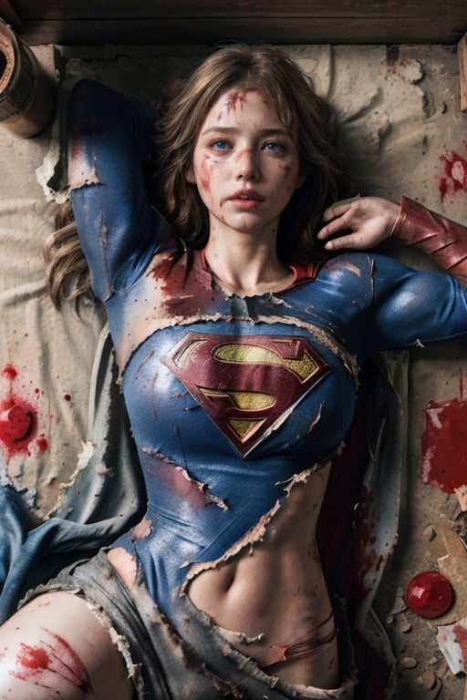 8k, best quality, real picture, intricate details, ultra-detailed, ultra highres, depth field,(photorealistic,realistic:1.2), masterpiece,photo of 1girl, supergirl, wounded, superhero, lying, on back, realistic, ripped bodysuit, (dirty, bruise,blood:1.3), blue eyes, blonde hair, lips, long hair, solo, (revealing ripped clothes, torn clothes:1.3), ruined city background, best quality, realistic, photorealistic, (intricate details:1.2), (delicate detailed), (cinematic light), clear line, sharp focus, realistic face,supergirl