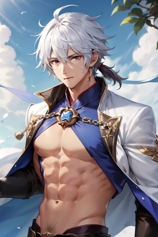 1boy, male focus, white hair, hair hair between eyes, upper body,blue sky ,flower,houtufeng,letterboxed,abs,muscular male,  <lora:HFZQ:0.95>