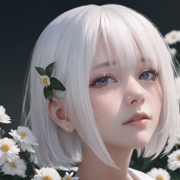 1girl, detailed face, flower, white hair