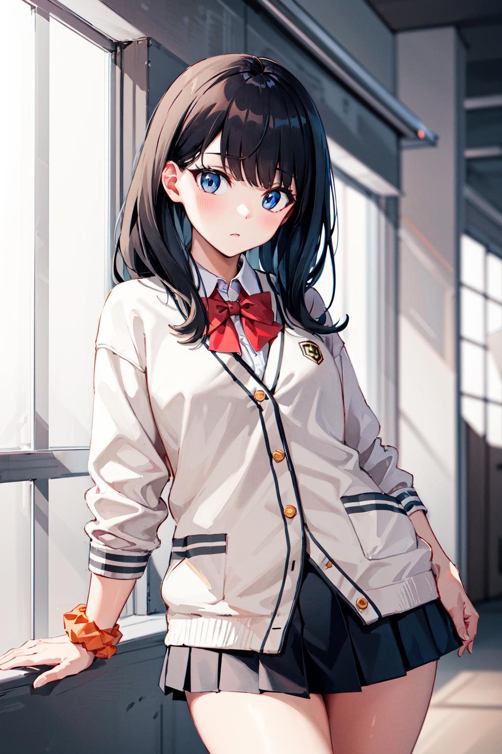 masterpiece, best quality, highres, rikka1, 1girl, takarada rikka, black hair, solo, blue eyes, wrist scrunchie, long hair, red socks, school uniform, black skirt, bangs, pleated skirt, orange scrunchie, red bow, white cardigan, long sleeves, bowtie, white shirt, miniskirt, white sweater, <lora:takarada_rikka_v1:0.6>, cowboy shot, 