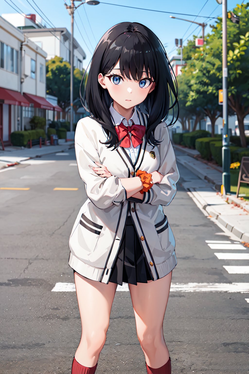 masterpiece, best quality, highres, rikka1, 1girl, takarada rikka, black hair, solo, blue eyes, wrist scrunchie, long hair, red socks, school uniform, black skirt, bangs, pleated skirt, orange scrunchie, red bow, white cardigan, long sleeves, bowtie, white shirt, miniskirt, white sweater, <lora:takarada_rikka_v1:0.6>, crossed arms, standing, outdoors