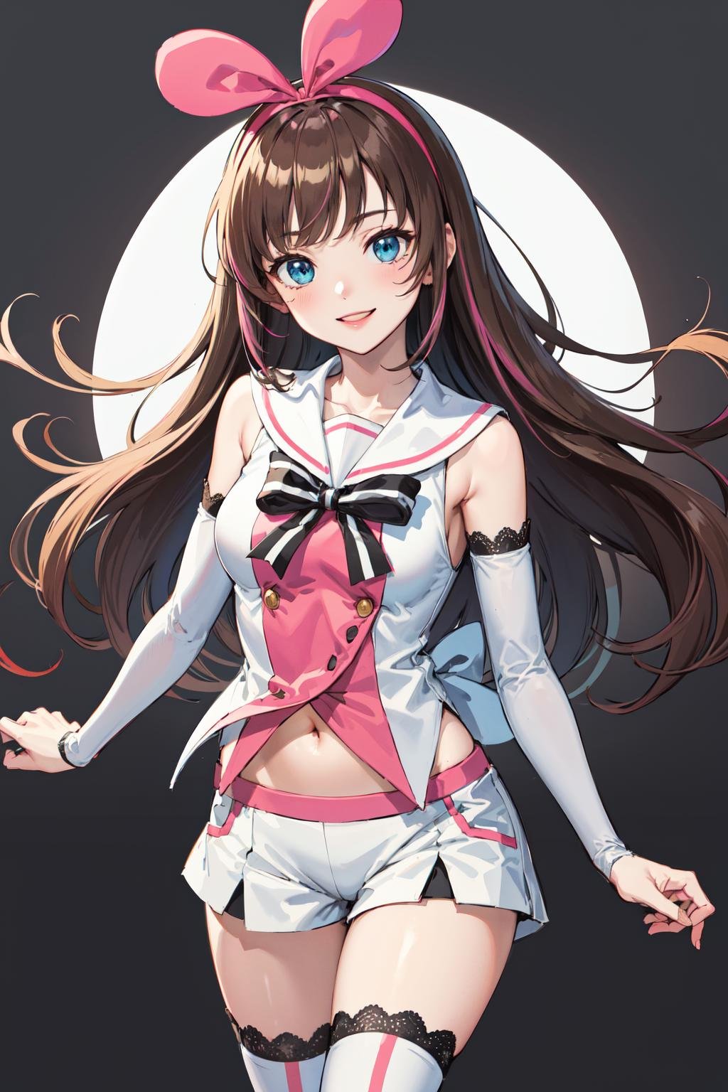 masterpiece, best quality, highres, 1girl, kizuna ai, long hair, brown hair, hairband, multicolored hair, short shorts, floating hair, pink hairband, white shorts, detached sleeves, navel, sailor collar, streaked hair, pink hair, blue eyes, white thighhighs, medium breasts, lace-trimmed sleeves, sleeveless shirt, striped, white sailor collar, bowtie, hair bow, swept bangs, white shirt, lace-trimmed legwear, <lora:kizuna_ai_v10:0.6>, cowboy shot, smile,