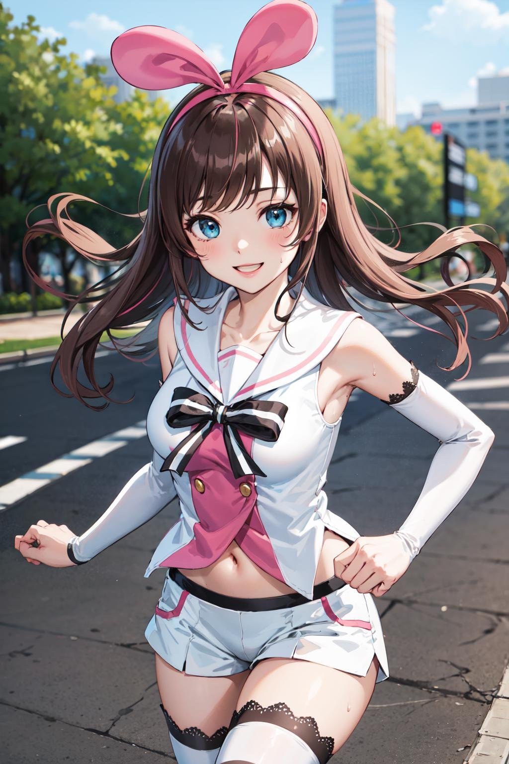 masterpiece, best quality, highres, 1girl, kizuna ai, long hair, brown hair, multicolored hair, short shorts, floating hair, pink hairband, white shorts, detached sleeves, navel, sailor collar, streaked hair, pink hair, blue eyes, white thighhighs, medium breasts, lace-trimmed sleeves, sleeveless shirt, striped, white sailor collar, bowtie, hair bow, swept bangs, white shirt, lace-trimmed legwear, <lora:kizuna_ai_v10:0.6>, running, park, sweat, smile,