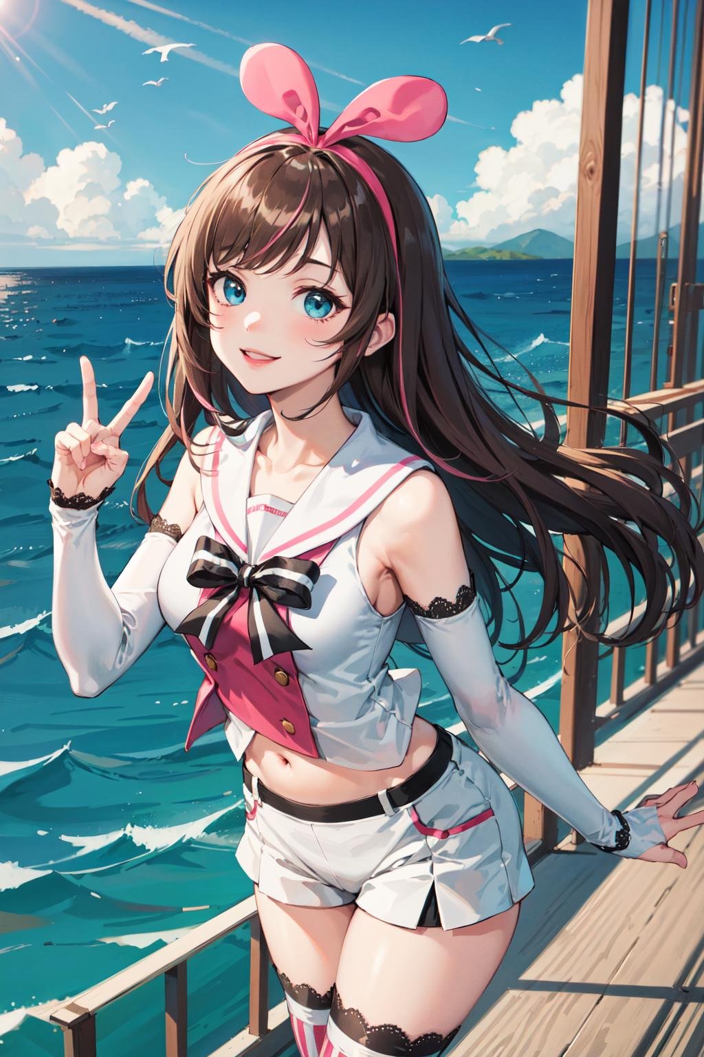 masterpiece, best quality, highres, 1girl, kizuna ai, long hair, brown hair, multicolored hair, short shorts, floating hair, pink hairband, white shorts, detached sleeves, navel, sailor collar, streaked hair, pink hair, blue eyes, white thighhighs, medium breasts, lace-trimmed sleeves, sleeveless shirt, striped, white sailor collar, bowtie, hair bow, swept bangs, white shirt, lace-trimmed legwear, <lora:kizuna_ai_v10:0.6>, bridge, ocean, (peace_sign:1.1), smile,