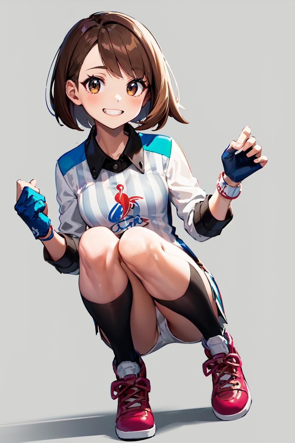 masterpiece, best quality, highres, gloria2, 1girl, solo, brown eyes, shorts, brown hair, single glove, smile, gloria \(pokemon\), gloves, standing, full body, shirt, socks, bangs, collared shirt, white socks, style parody, hands up, simple background, white shorts, short hair, looking at viewer, clenched hands, shoes, partially fingerless gloves, short shorts, knees, white background, dynamax band, official style, striped, kneehighs, striped shirt, bob cut, grin, print shirt, vertical stripes, eyelashes, <lora:gloria_(pokemon)_v1:0.6>