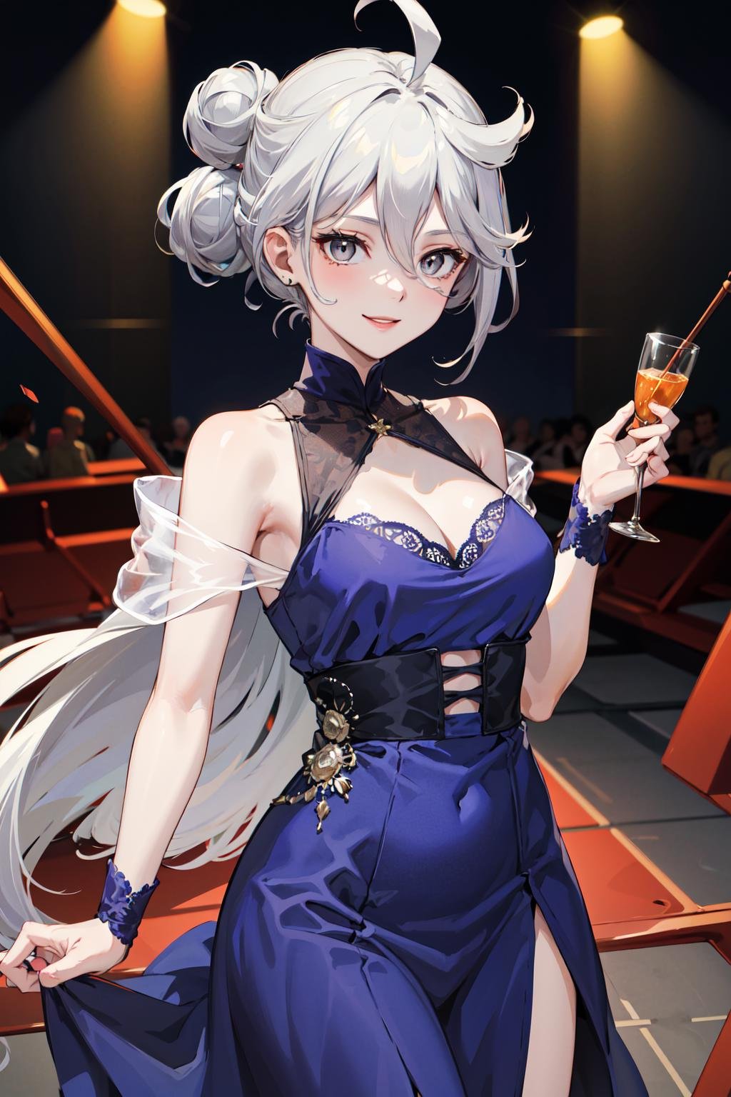 masterpiece, best quality, highres, miorine1, 1girl, miorine rembran, hair bun, solo, grey hair, sleeveless dress, ahoge, grey eyes, blue dress, hair between eyes, bangs, bare shoulders, jewelry, medium breasts, cleavage, <lora:miorine_rembran_v1_1:0.7>, cowboy shot, party, smile,