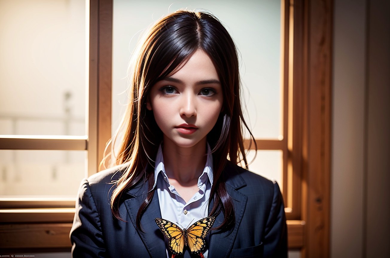 8k beautiful portrait,(cute:1.35),(1 girl),cowboy shot, intricate,school uniform,elegant, highly detailed, majestic, digital photography, art by artgerm and ruan jia and greg rutkowski surreal painting gold butterfly filigree, broken glass, (masterpiece, sidelighting, finely detailed beautiful eyes: 1.2), hdr,realistic skin,