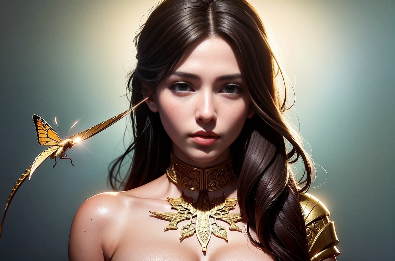 8k portrait of beautiful cyborg with brown hair, intricate, elegant, highly detailed, majestic, digital photography, art by artgerm and ruan jia and greg rutkowski surreal painting gold butterfly filigree, broken glass, (masterpiece, sidelighting, finely detailed beautiful eyes: 1.2), hdr,