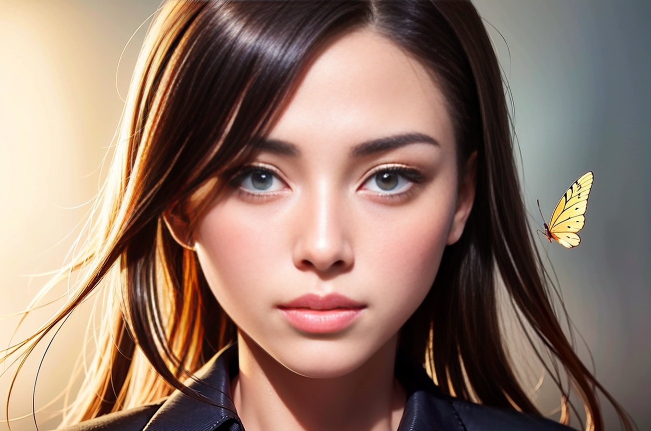 8k beautiful portrait,(cute:1.35),(1 girl),cowboy shot, intricate,school uniform,elegant, highly detailed, majestic, digital photography, art by artgerm and ruan jia and greg rutkowski surreal painting gold butterfly filigree, broken glass, (masterpiece, sidelighting, finely detailed beautiful eyes: 1.2), hdr,realistic skin,