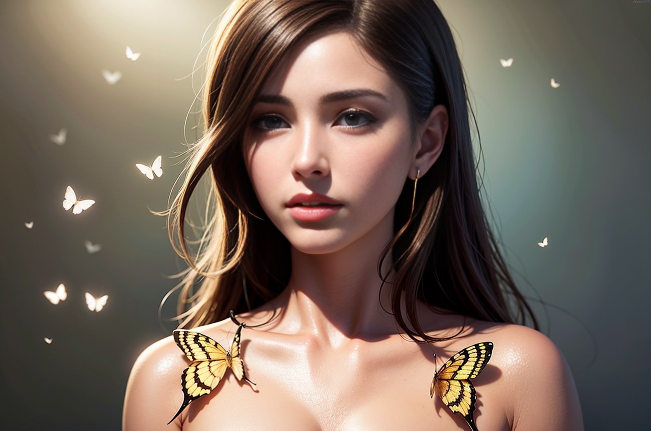 8k portrait of beautiful cyborg with brown hair, intricate, elegant, highly detailed, majestic, digital photography, art by artgerm and ruan jia and greg rutkowski surreal painting gold butterfly filigree, broken glass, (masterpiece, sidelighting, finely detailed beautiful eyes: 1.2), hdr,