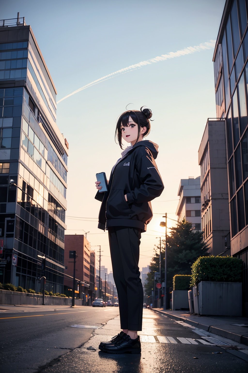 masterpiece, best quality,standing, black hair bun,cold face, full body,happy,light effect, soft, super clear, high-definition picture, (front),cityscape,