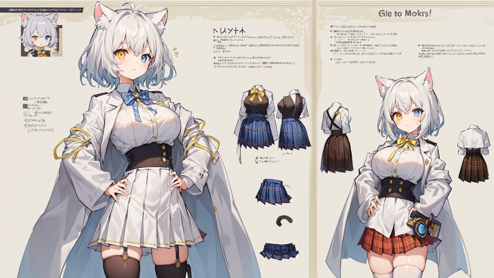 (((simple background))),(cowboy shot:0.8),1girl, (solo:1.2), (light blue eyes), (yellow eyes), (++heterochromia), big breasts, //(white Cat tail), Animal ears, short hair, Pointy hair, (white hair), (plaid:1.2), (off white labcoat1.4), legband, (brown pleated skirt:1.4), belt, shirt bow, flip-flops, neck ribbon, leg holster, //sprite sheet, white thighhighs,(from side, multiple views, from behind), (expressions), ((databook)), (annotated:1.4), ((costume chart)), ((((how to)))), (text:1.4), (hips:1.6), <lora:画风 新海诚:0.4> <lora:画风 焦茶 v1.0:0.4> <lora:画风 ohisashiburi V2.0:0.4>