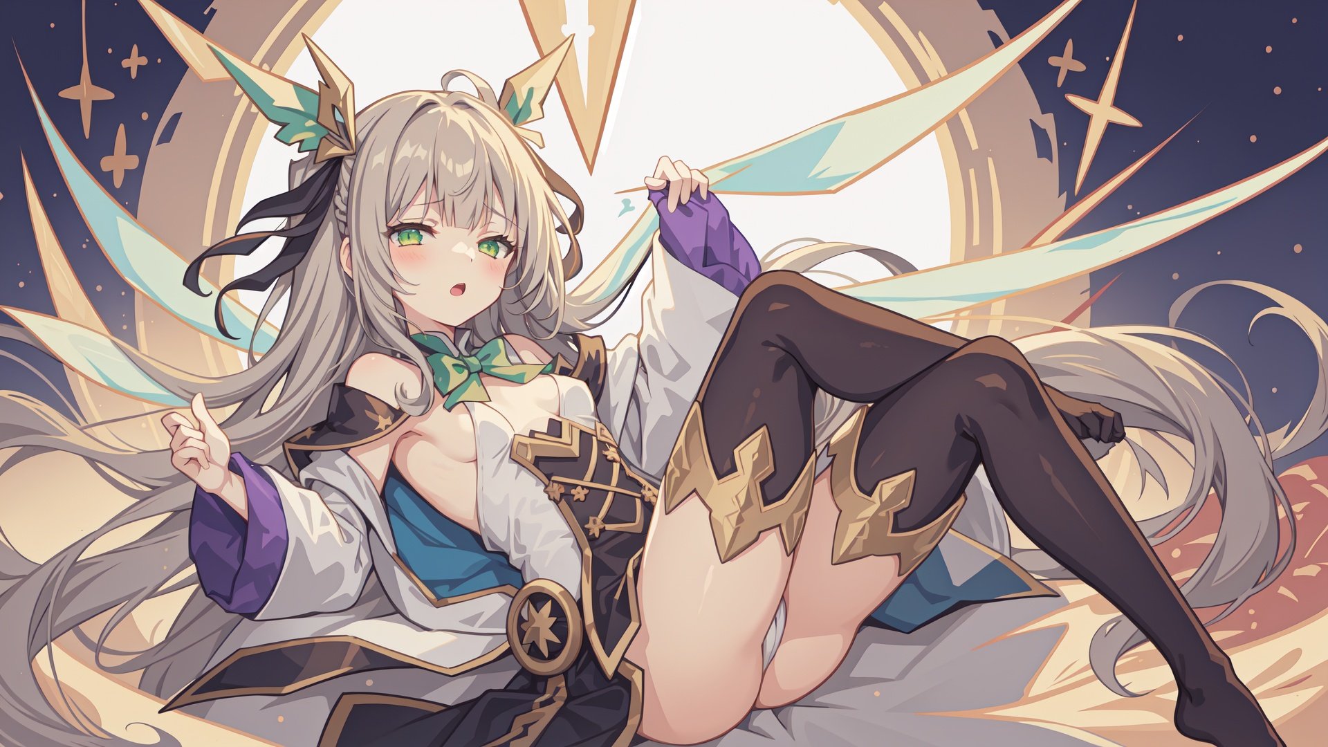 1 girl, (minior:1.4), small breasts, green eyes, (++grey and light gold hair:1.1), long straight hair, straight hair, pointy hair, (ribbon bangs:1.2), half-closed eyes, thighhighs, looking at viewer, starshadowmagician, foot