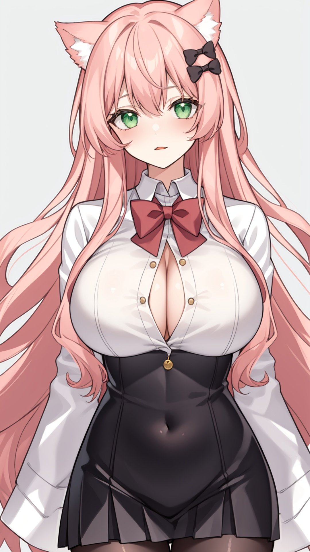 1 cat girl, (solo), (light pink hair), (big breasts), long wavy hair, cat ears, green eyes, white bow ornament, unbuttoned clothes, black pleated skirt, latex_bodysuit,