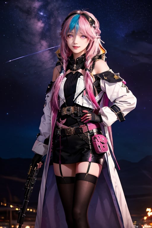 masterpiece,best quality,high quality,high definition,(photography:1.3),filmg,8k,movie lights,(skin texture),1girl,belt,solo,smile,gloves,dnf_gj,pink AND bule hair, starry sky, night, 1girl, night_sky, thighhighs, shooting star, long_hair,, solo, multicolored hair,pink_eyes,long_hair,<lora:dj-000011:0.4>,