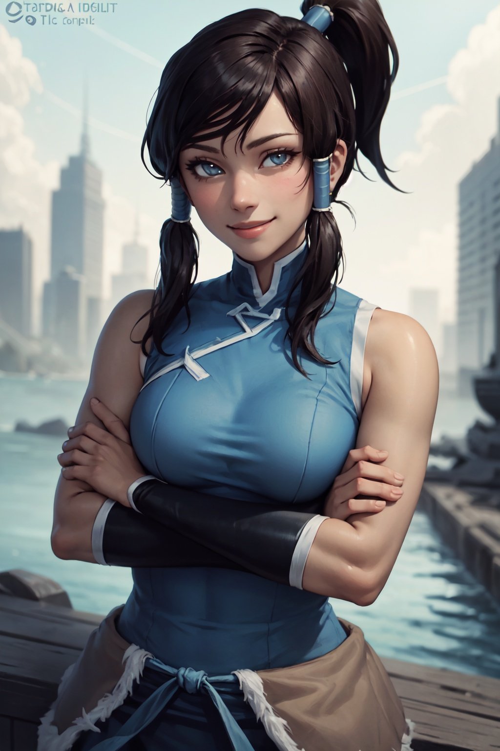 (masterpiece, best quality:1.2), solo, 1girl, korra, dark skin, dark-skinned female, smile, looking at viewer, crossed arms, ponytail, hair tubes, sleeveless, bare shoulders