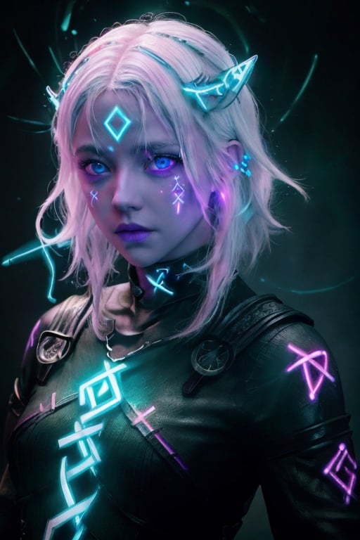 best quality, masterpiece, (photorealistic:1.4), 1girl,White hair,blue eyes,GlowingRunes_red,GlowingRunes_paleblue,GlowingRunes_green,GlowingRunes_purple,GlowingRunes_yellow,GlowingRunes_pink, sfw