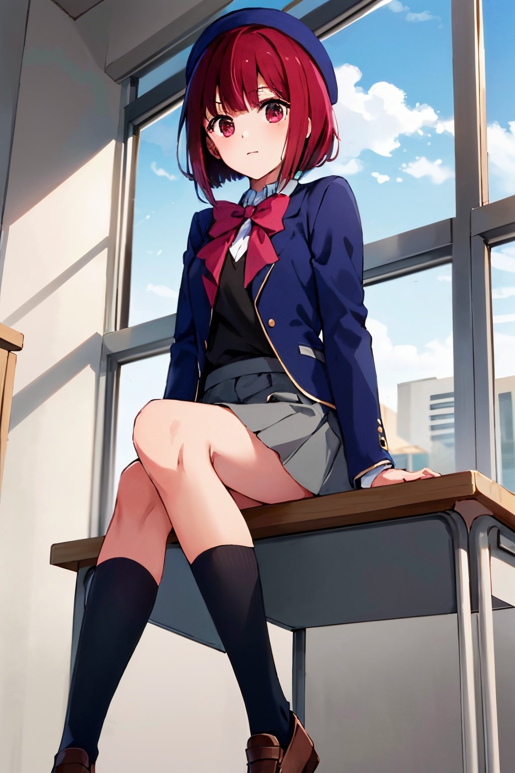 masterpiece, high quality, 8k, beautiful lighting, kanaarima, blue hat, hat, bow, pink bowtie, school uniform, blue jacket, jacket, skirt, grey skirt, 1girl, solo, shirt, white shirt, feet, black socks, sitting, classroom,( view from below:1)