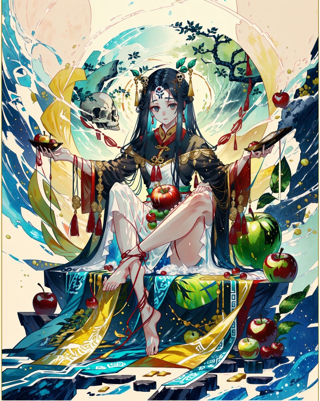 xhuoguo, 1girl, black hair, fruit, barefoot, food, string, solo, skull, extra arms, long hair, apple, dress, silk, sitting, holding, forehead mark, holding fruit, full body, string of fate<lyco:XhuoguoV1:1>