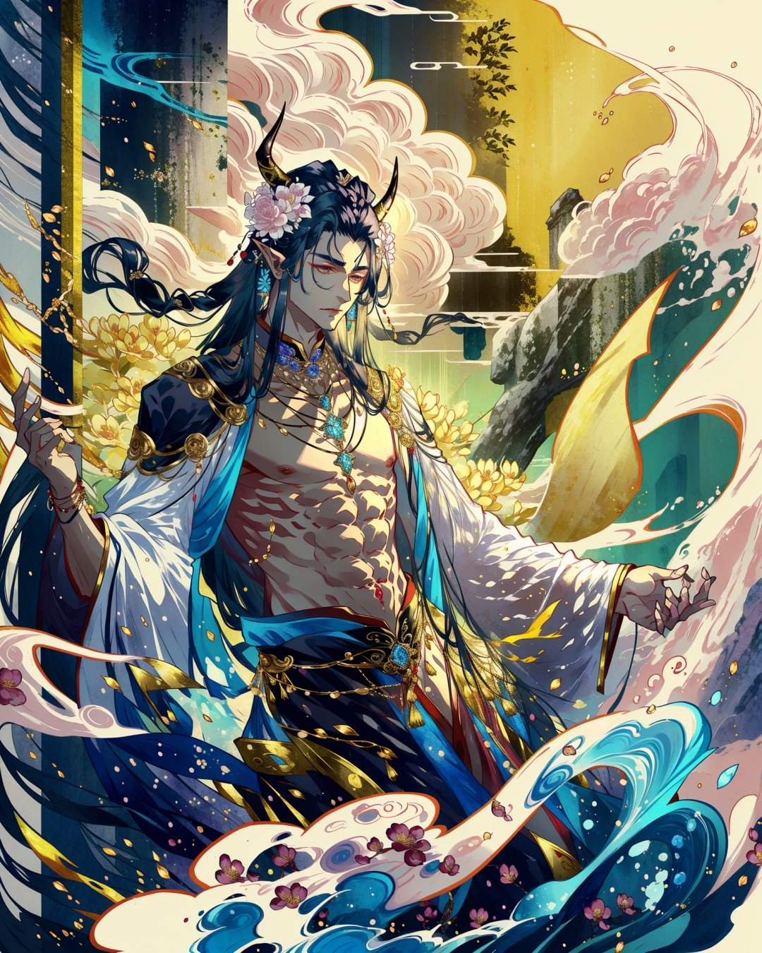 xhuoguo, 1boy, long hair, jewelry, black hair, male focus, horns, necklace, cloud, pillar, pointy ears, holding, solo, abs, flower<lyco:XhuoguoV1:1>