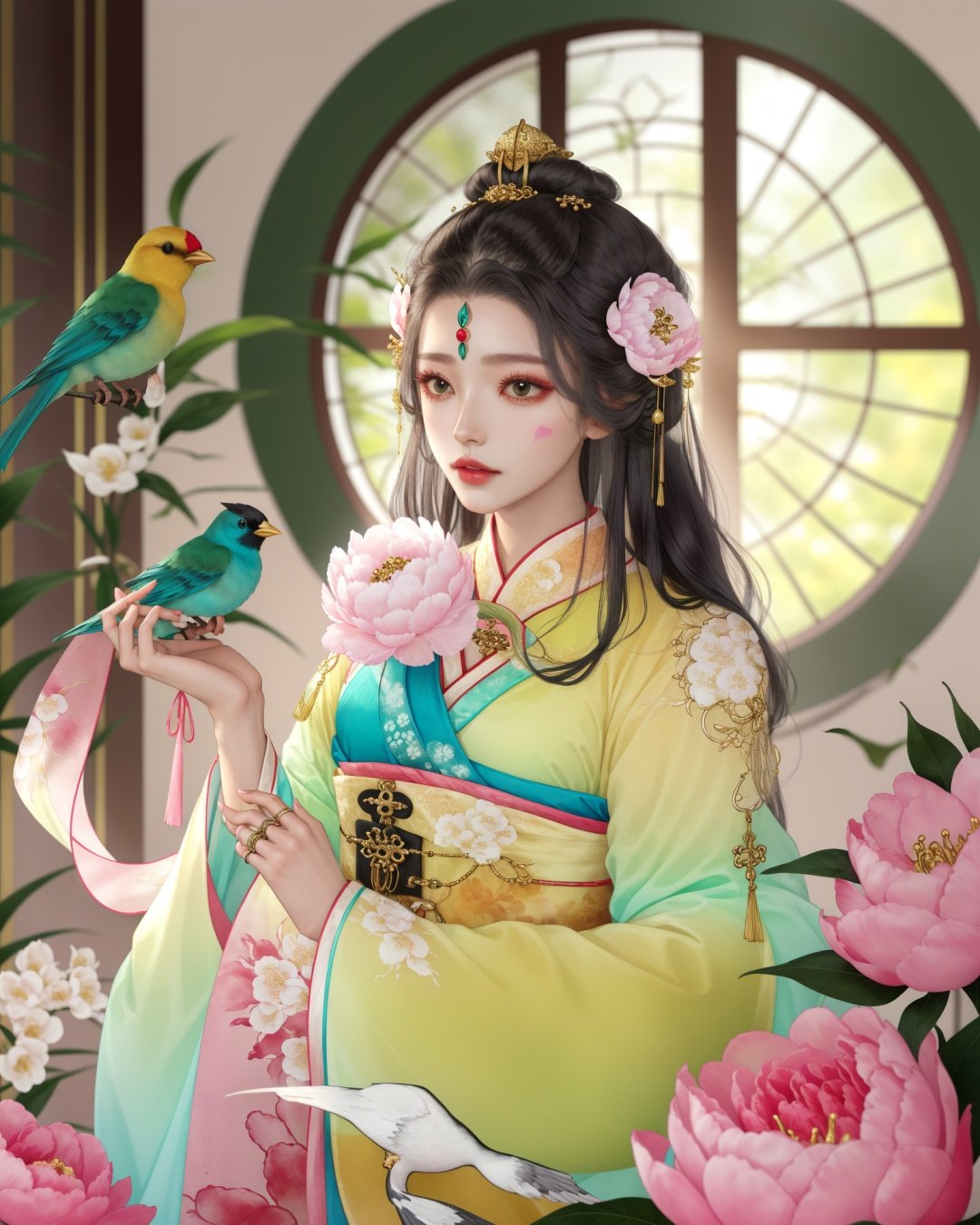 xhuoguo, 1girl, flower, bird, hanfu, hair ornament, solo, round window, window, long sleeves, holding, black hair, lattice, hair rings, blurry, dress, facial mark, bird on hand, forehead mark, green dress, animal on hand, jewelry, pink flower, looking away, depth of field, indoors, vase, peony \(flower\), animal, makeup, closed mouth<lyco:XhuoguoV1:1>