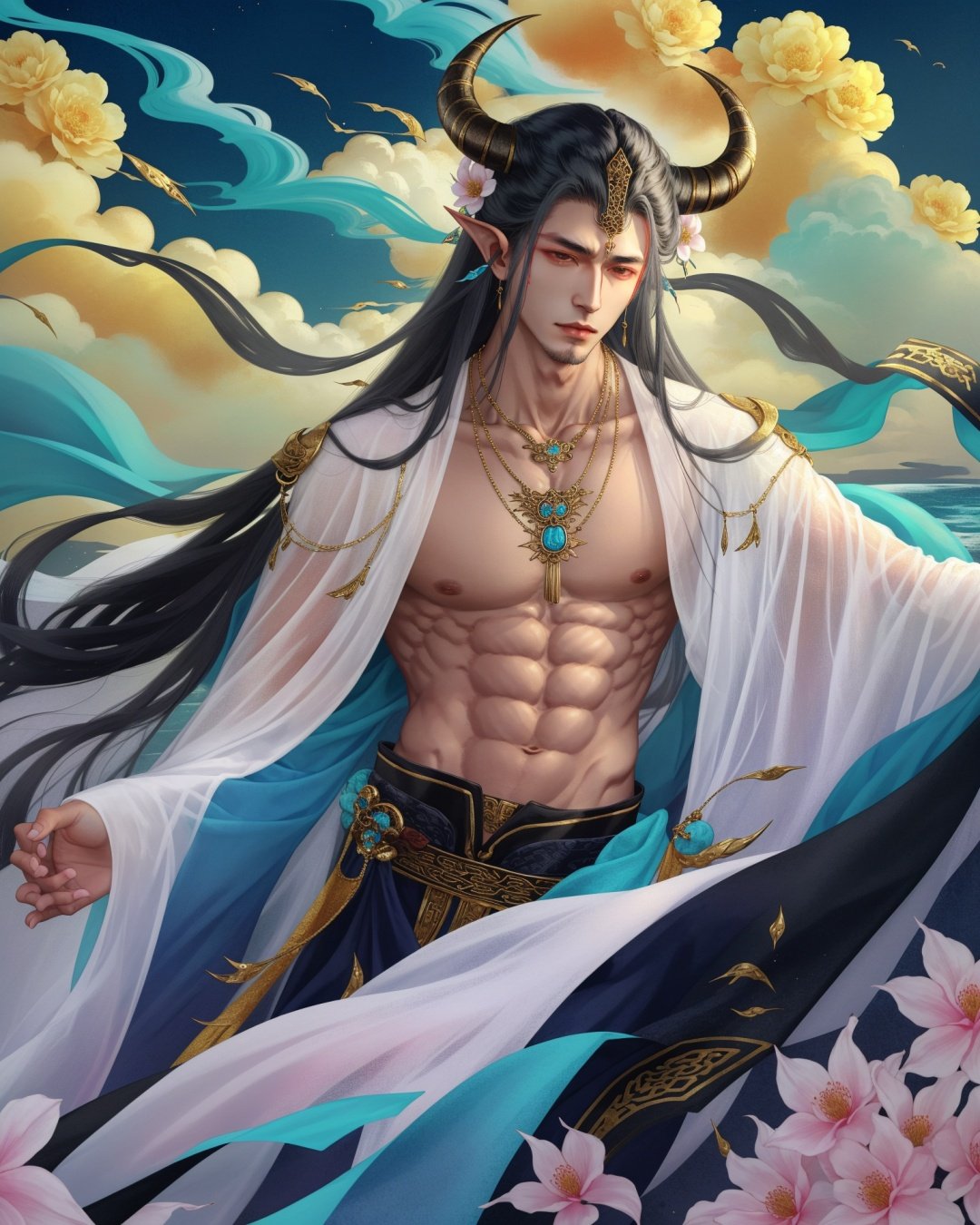 xhuoguo, 1boy, long hair, jewelry, black hair, male focus, horns, necklace, cloud, pillar, pointy ears, holding, solo, abs, flower<lyco:XhuoguoV1:1>