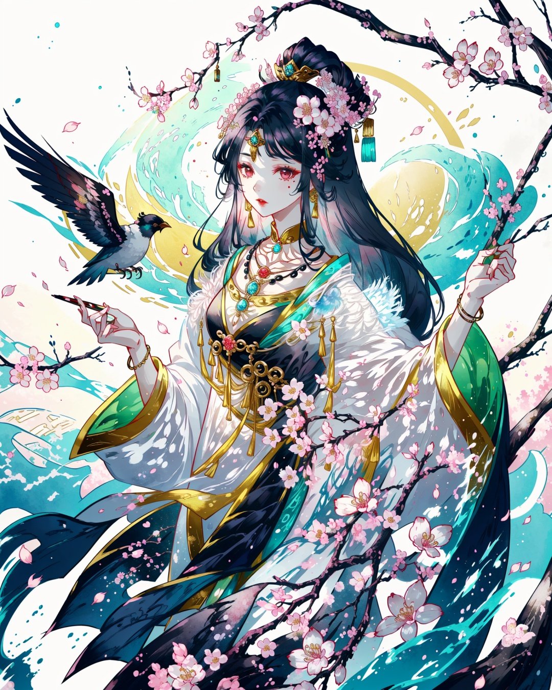 xhuoguo, 1girl, long hair, solo, paintbrush, bird, flower, black hair, hair ornament, branch, jewelry, dress, holding, necklace, cherry blossoms<lyco:XhuoguoV1:1>