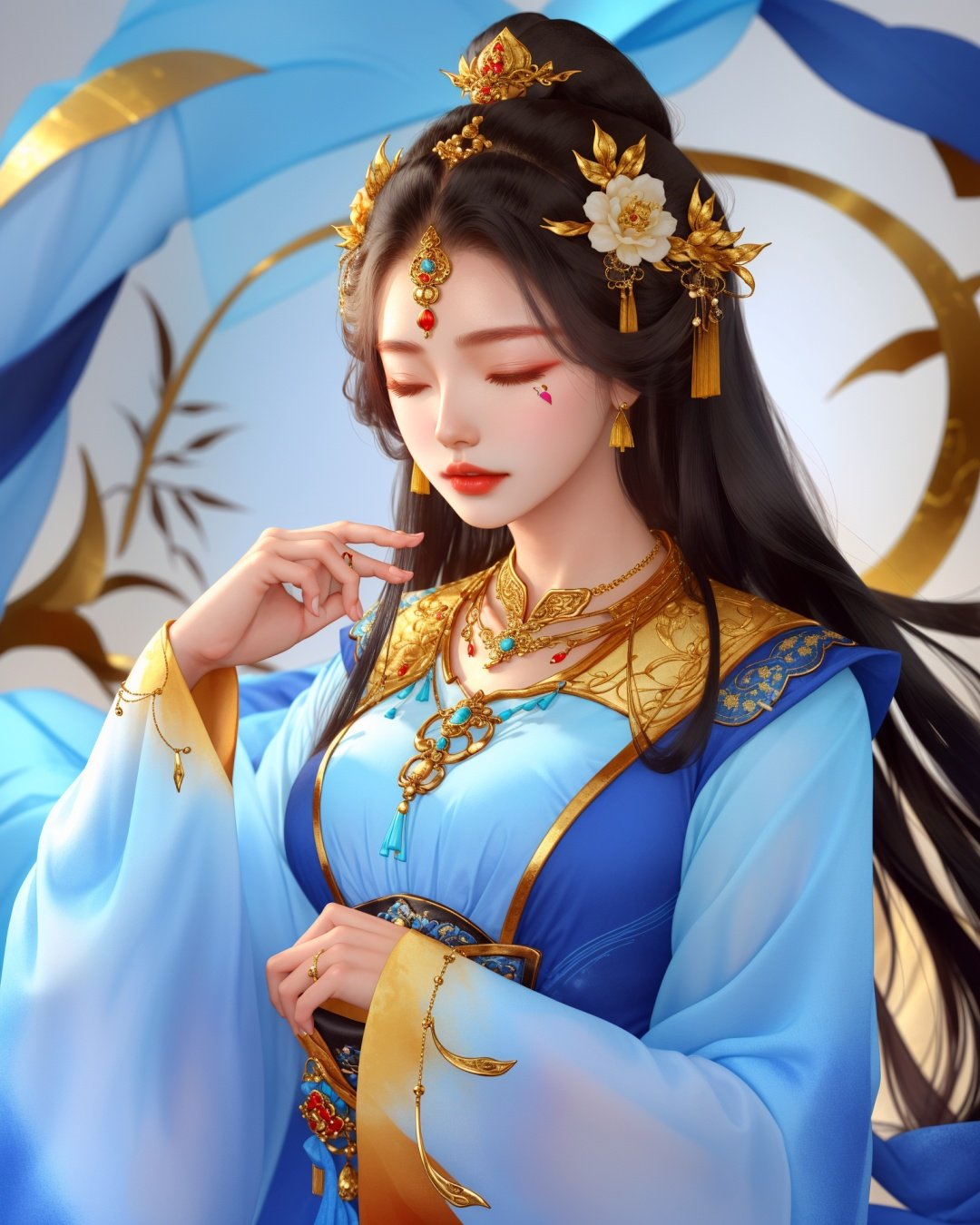 xhuoguo, 1girl, long hair, solo, closed eyes, hair ornament, upper body, black hair, necklace, jewelry, forehead mark, dress, blue dress, long sleeves<lyco:XhuoguoV1:1>