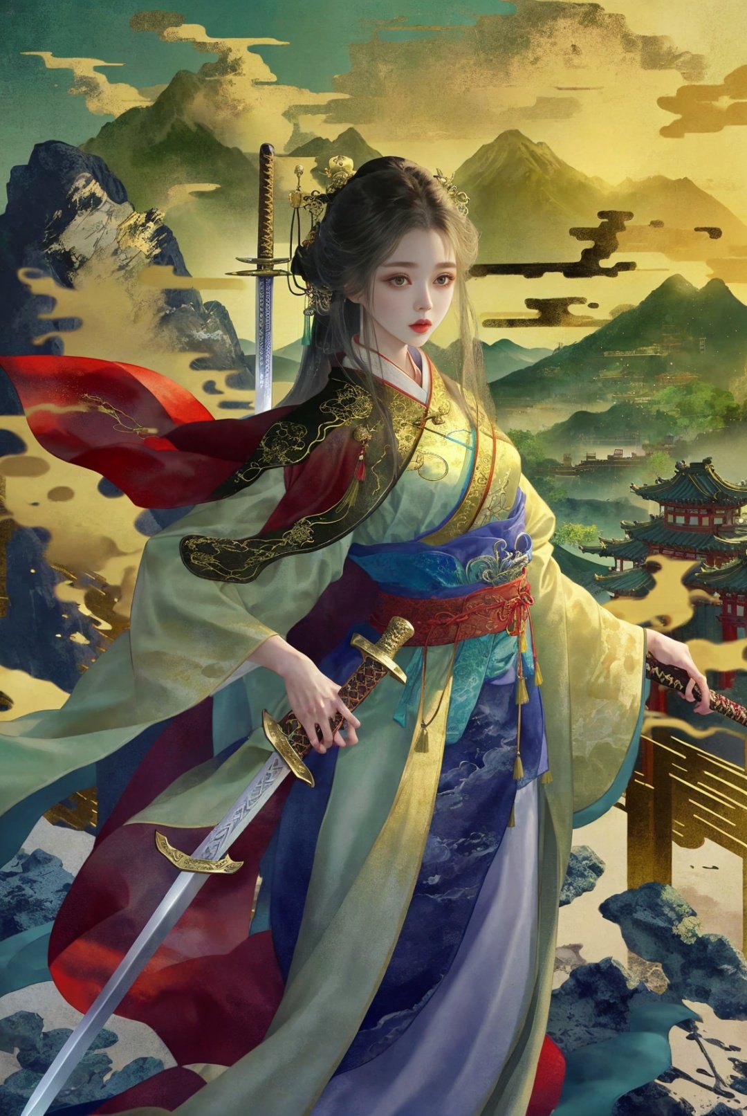 a girl in a suit and a sword standing on a platform in front of a cityscape with mountains and chinese buildings, (sword:1.10), solo, hanfu, cape, looking at viewer, <lyco:XhuoguoV2:1.5>