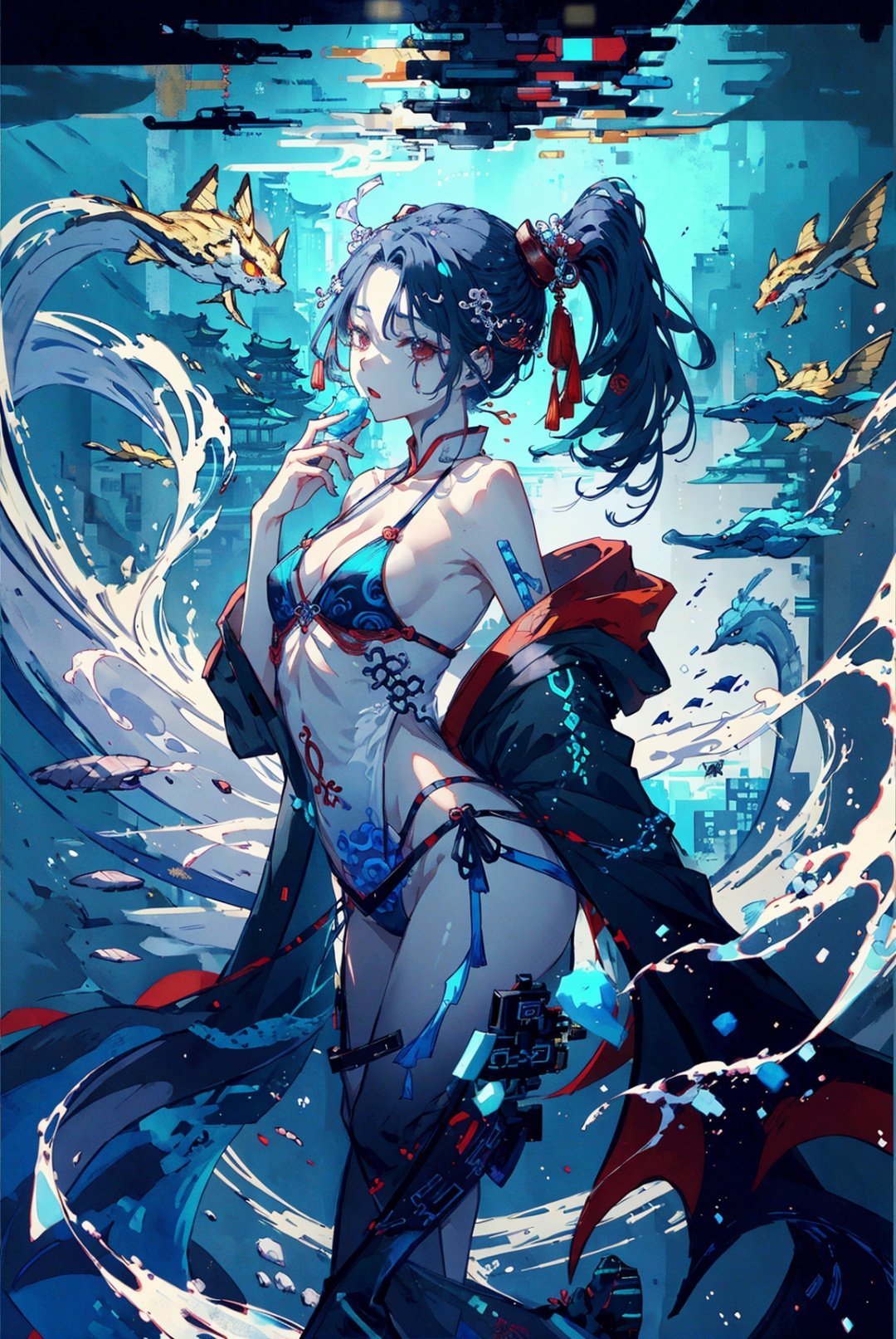 xhuoguo，<lyco:XhuoguoV2:1.0> cyberpunk，1girl ,split ponytail, highleg bikini,halftone, partially underwater shot,age progression，  beautiful detailed water,hand to own mouth,abstract,