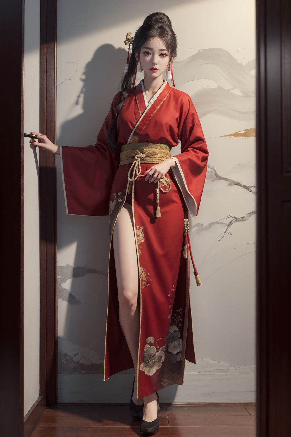 (8k, best quality, masterpiece:1.2), (realistic, photo-realistic:1.2)1girl,perfect face, perfect eyes,pureerosface_v1, red hanfu,tang style,(full body:1.2) <lyco:XhuoguoV2:0.9>