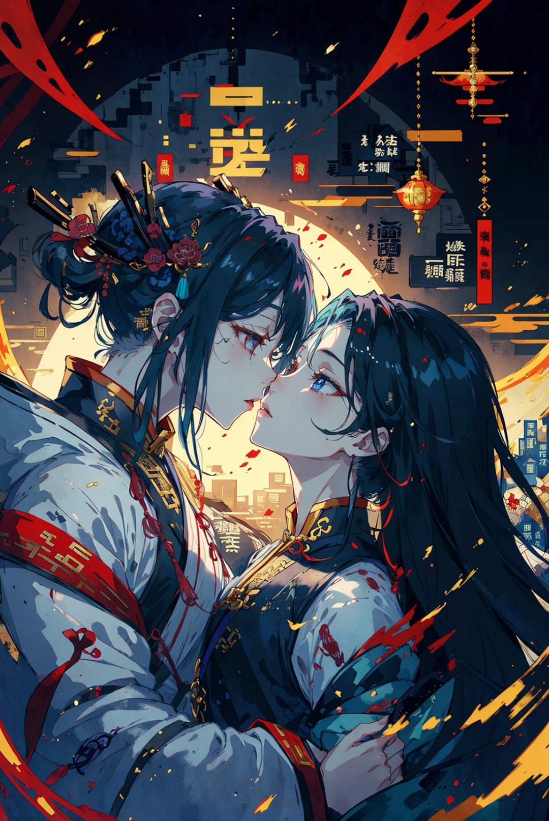 xhuoguo，<lyco:XhuoguoV2:1.0> cyberpunk，1girl ,okappa, torn dress,lens flare, ﻿rotational symmetry,alternate hair length，  landscape,kissing neck,abstract,